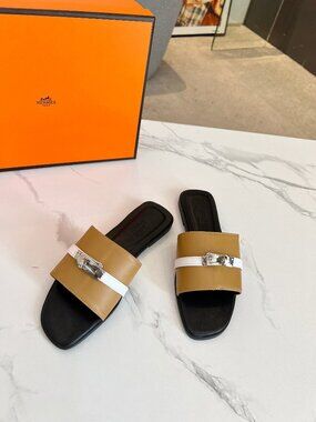 Hermes Sandals | Hermès Kelly Buckle Calfskin Slide Sandals, Tan/White
